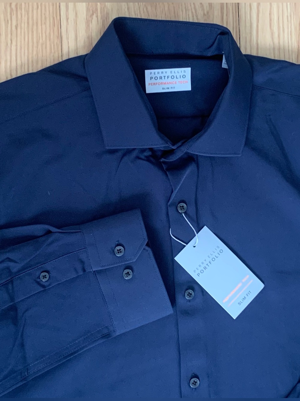 Perry Ellis Portfolio Performance Tech Dress Shirt Navy Slim Fit Men’s L Classic